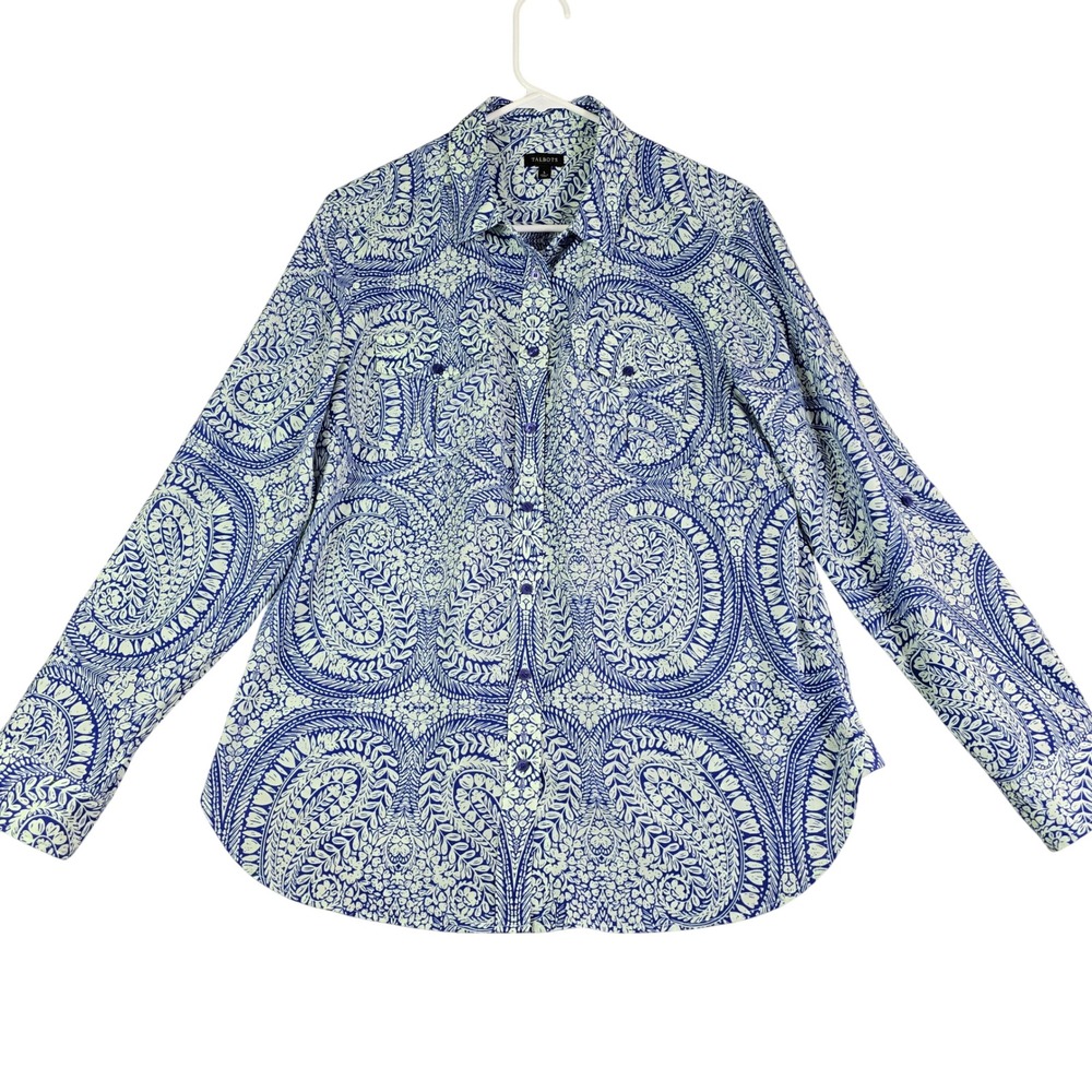 Talbots Paisley Button Up Shirt Women L Royal Blue Medallion Lightweight Coastal